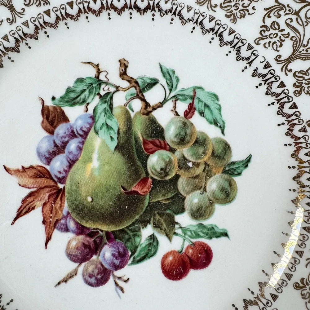 Lot of‎ 6 Salem Ovenproof Salad Plates Fruit Pattern 23K Gold Rims 7.25
